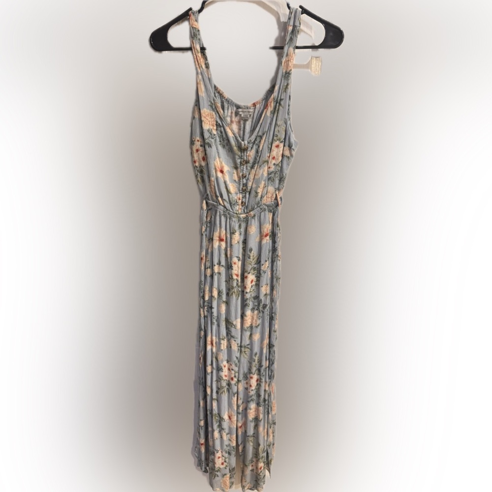 American Eagle Womens Blue Floral Sleeveless Cropped Wide Legged Jumpsuit Medium